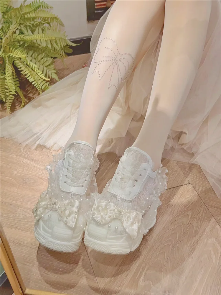 Girls Increase 6cm Platform Shoes White Thick Sole Breathable Versatile Fashionable Lace Flowers Pearls Bow Crystals Strap Shoe