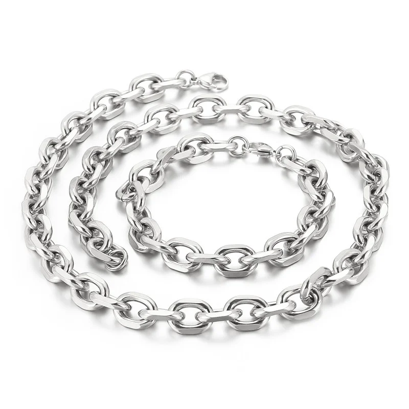 Fongten Stainless Steel O-Cut Edge Bracelet and Necklace Set Hip-Hop Rap Streetwear Men's Versatile Chain Fashion Jewelry Party