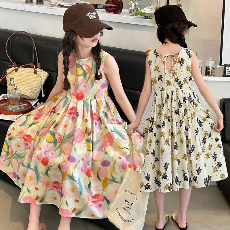 

Girls Summer Dress Summer Fashion Children's Floral Sundress Kids Sleeveless Tank Beach Dress Cute Size 120-170