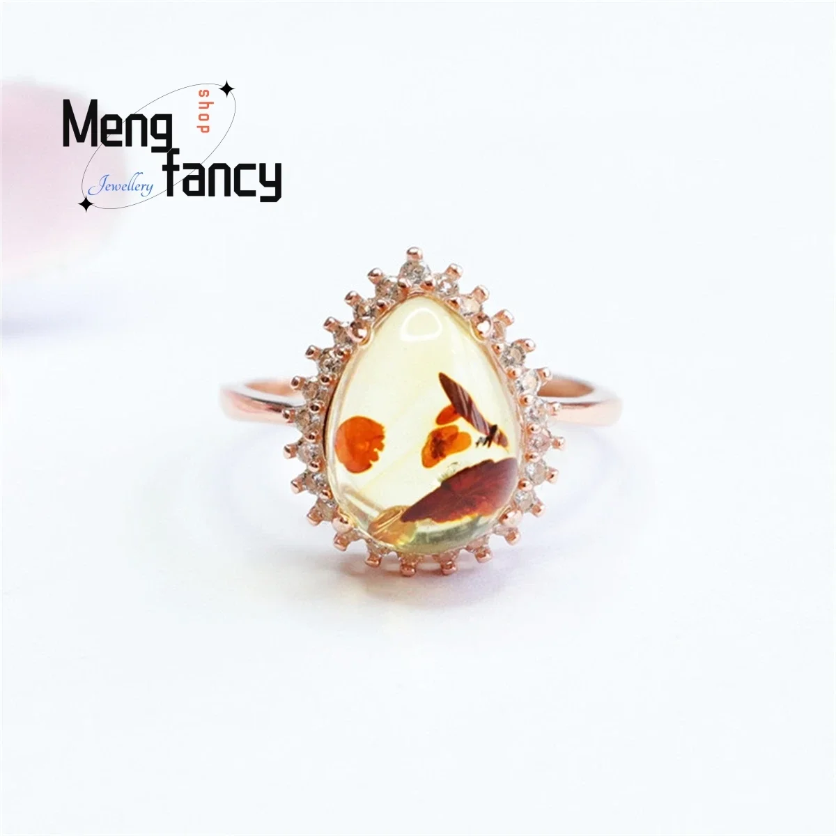 

Natural S925 Silver Inlaid With Flower Pearl Amber Water Drop Wrapped Zircon Ring Simple Fashionable Exquisite Couple Fine Gift