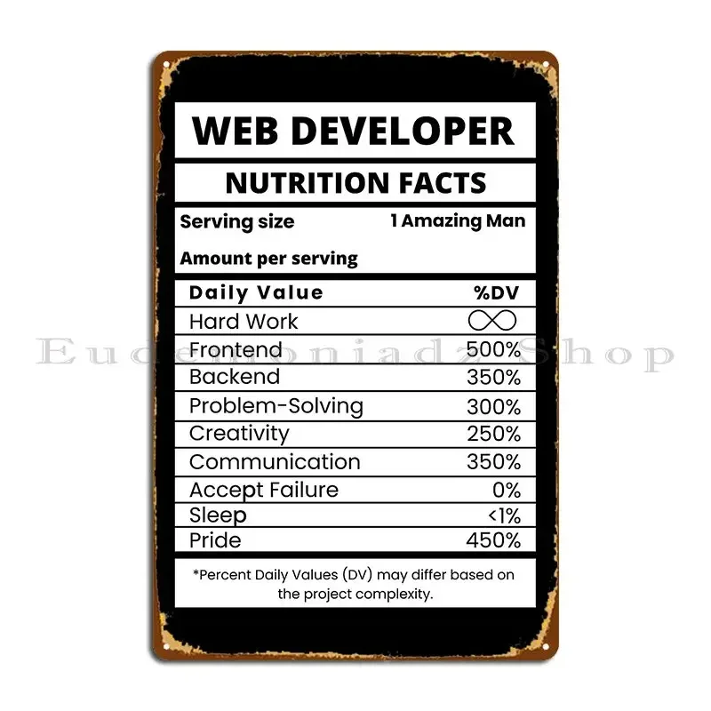 Web Developer Nutrition Facts Cool Programming Metal Plaque Cinema Club Pub Vintage Designs Tin Sign Poster