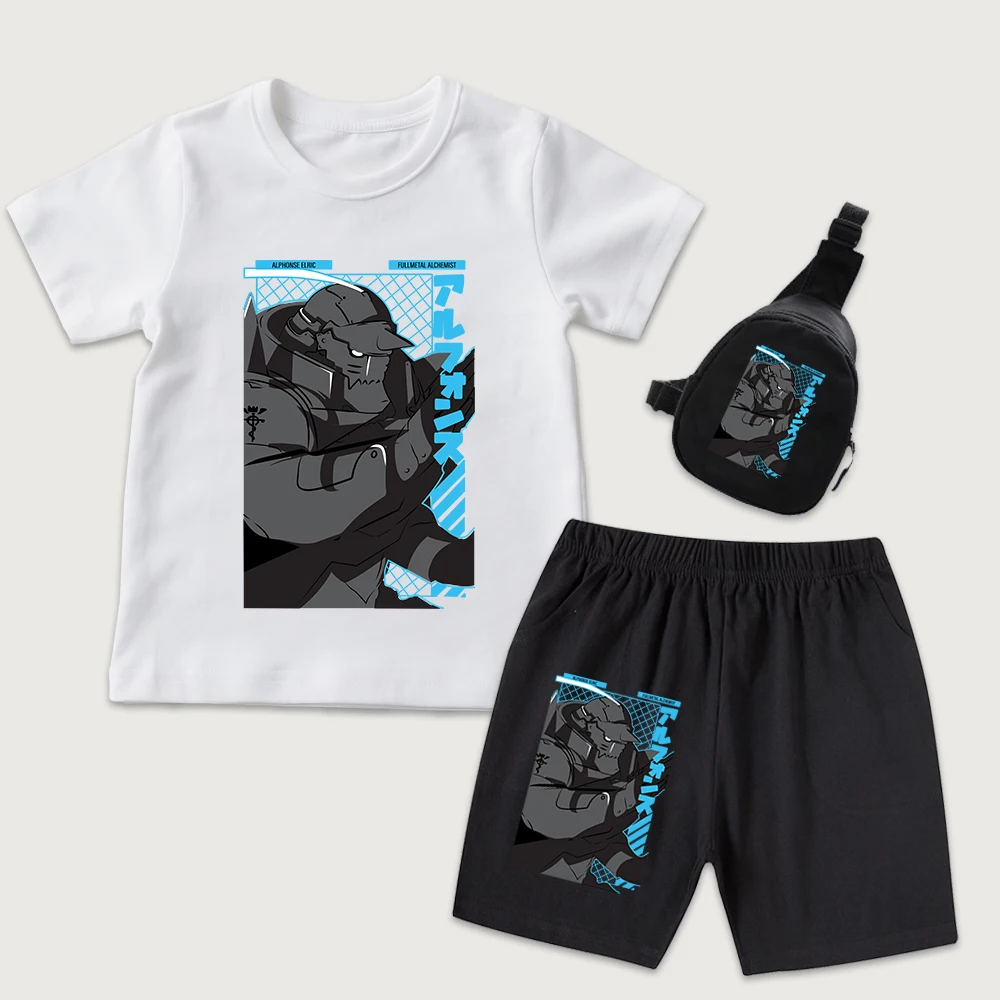 Full Metal Alchemist Alphonse Print Kids Cotton Casual Set T Shirt Shorts Mini Chest Bag 3Pcs Set for Boys Girls