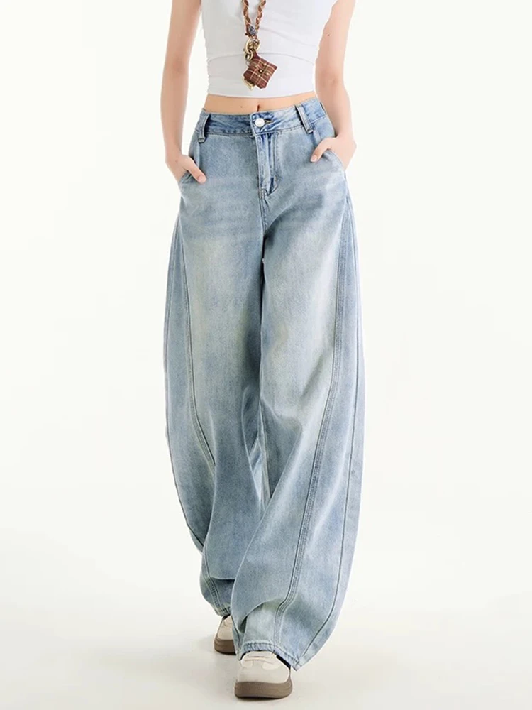 

Y2K Women Autumn New Light Colored Wide Leg Curved Knife Jeans High Waisted Loose Straight Leg Floor Length Pants