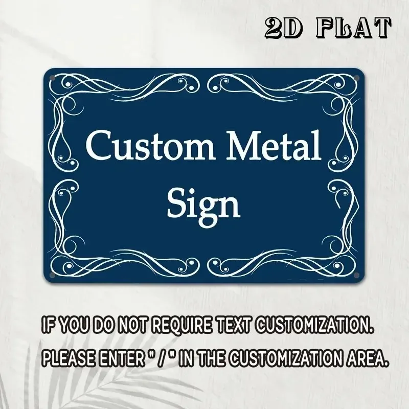 [2D Flat] Custom Navy Blue Metal Sign, White Vintage Scroll Floral Border Personalized DIY Text Wall Decor (Only For Decoration)