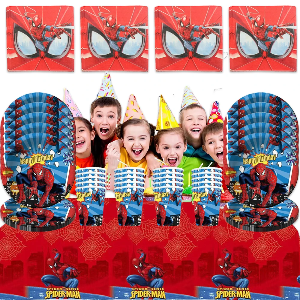 61 pièces/ensemble Décoration d'anniversaire Marvel Spiderman pour enfants, fournitures de fête d'anniversaire garçon : gobelets en papier, assiettes, serviettes, nappes