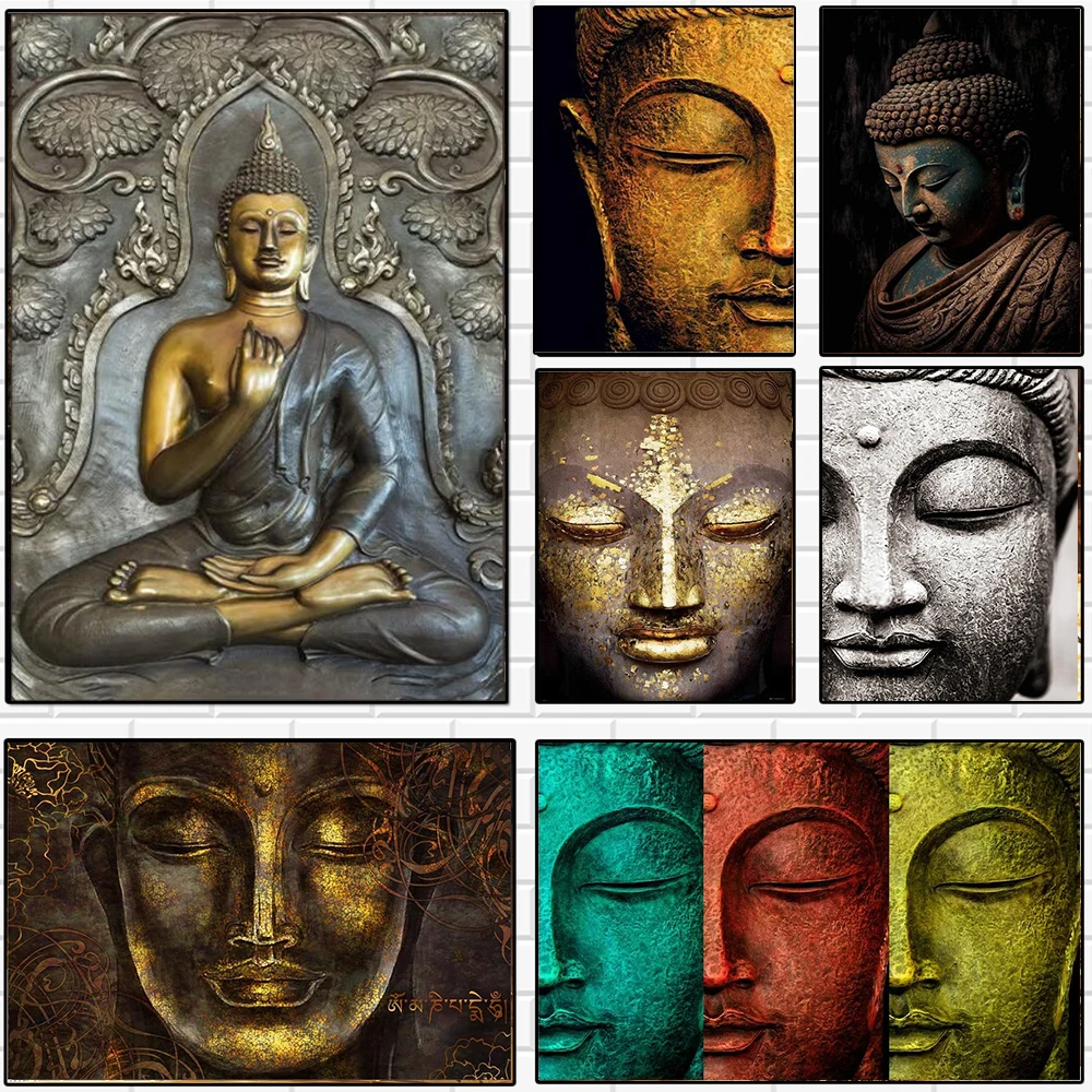 Gold Gautama Buddha Head Religious Canvas Paintings Meditation Posters Prints Wall Mural Abstract Watercolor Art Room Home Decor