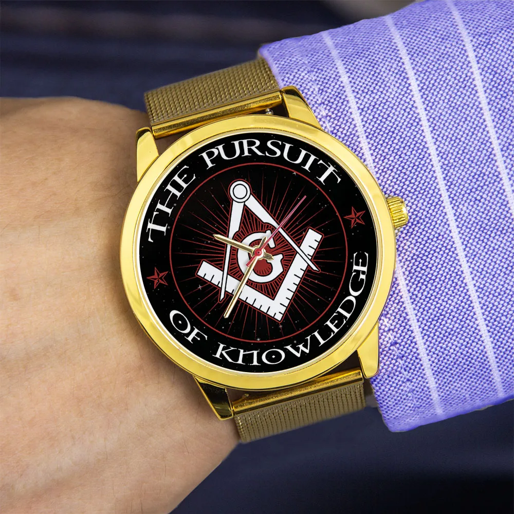 45mm Freemason Pattern Quartz Wrist Watch For Men Golden Case Personalized Cool Gift Souvenir Steel Leather Silicone Strap Male