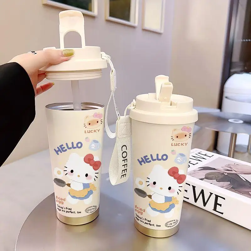 Miniso Sus316 520Ml Student Double Drink Straw Thermal Cup Kawaii Hello Kitty Cartoon Sports Office Vehicle Mounted Coffee Cup