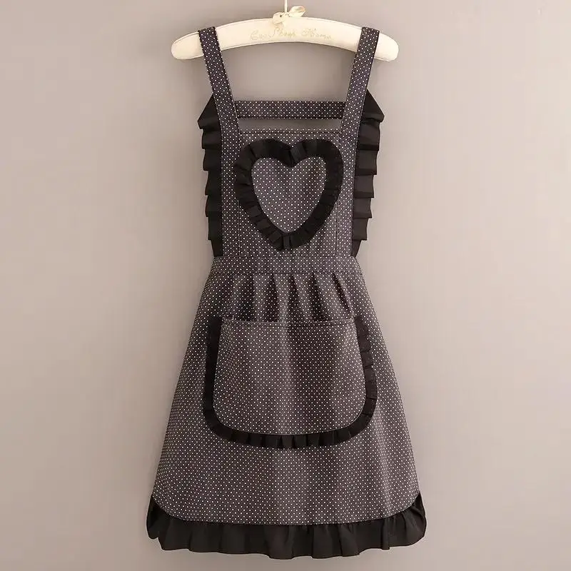 Cute Polka Dot Kitchen Apron With Sweet Heart Ruffle Trim Large Front Pocket For Cooking Baking House Cleaning