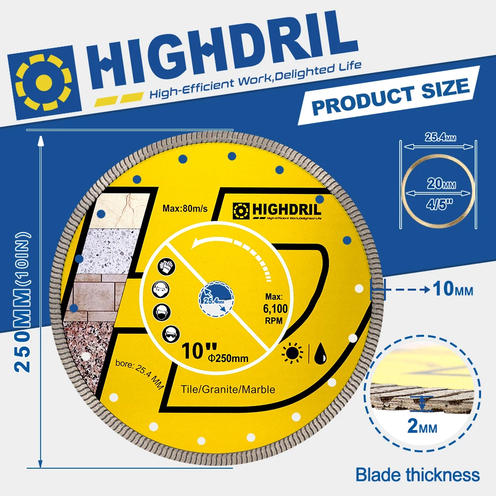 Imagem -02 - Highdril-lâminas de Serra Turbo Diamond Disc Roda de Corte Rebarbadora Cerâmica Ladrilho Granito Mármore 125 mm 22.23 mm 1pc