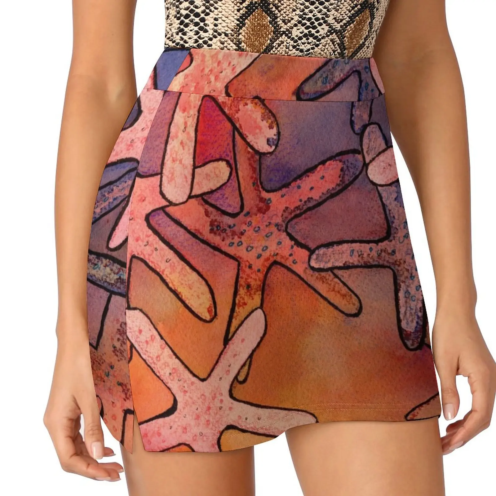 Colorful Starfishes Mixed Media Painting Mini Skirt korean clothes ladies extreme mini dress Sexy mini skirt