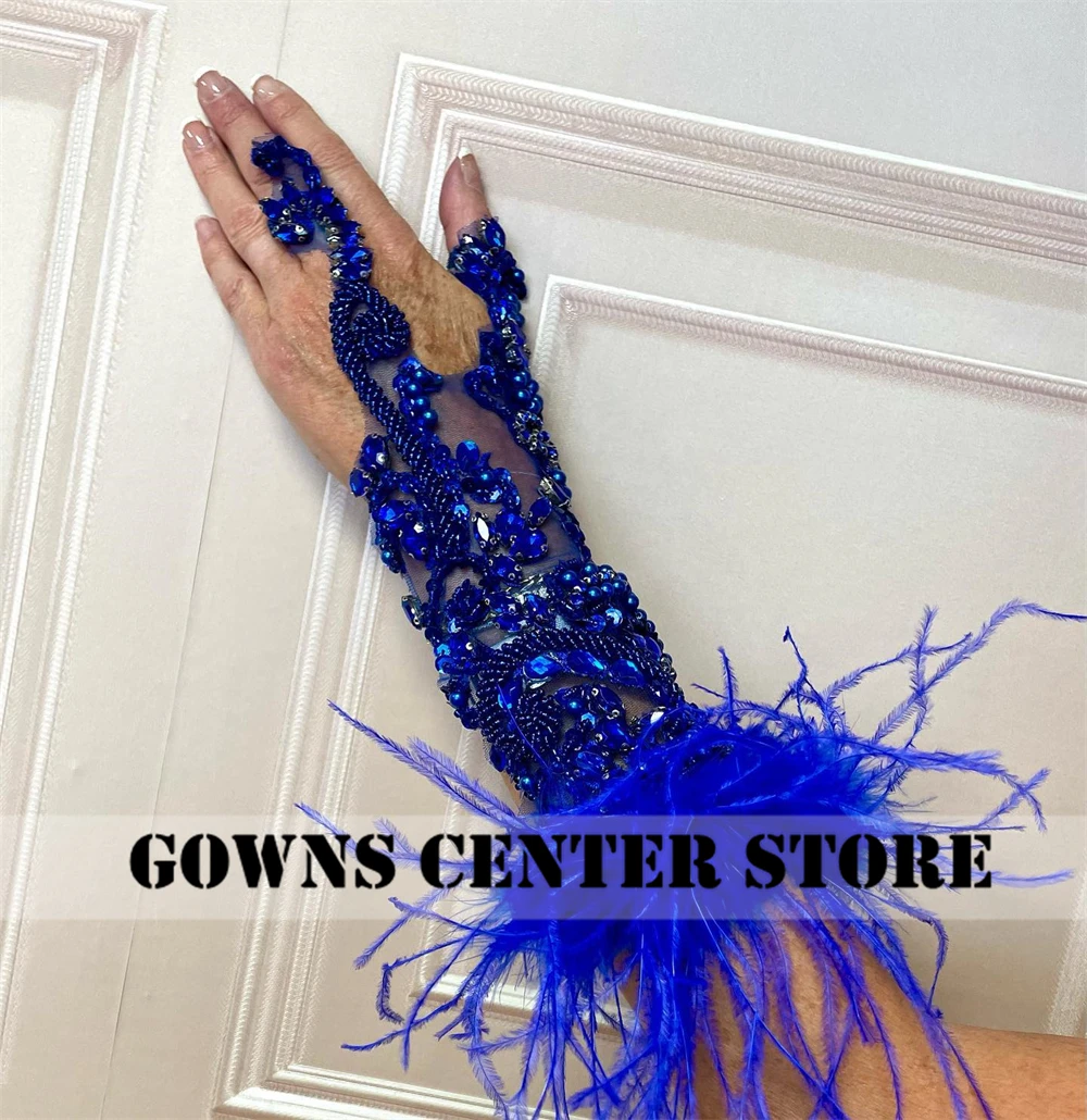 Royal Blue Strapless Prom Dresses Beaded Rhinestones Feathers With Gloves Homecoming Gowns Black Girl Birthday Dress Customized