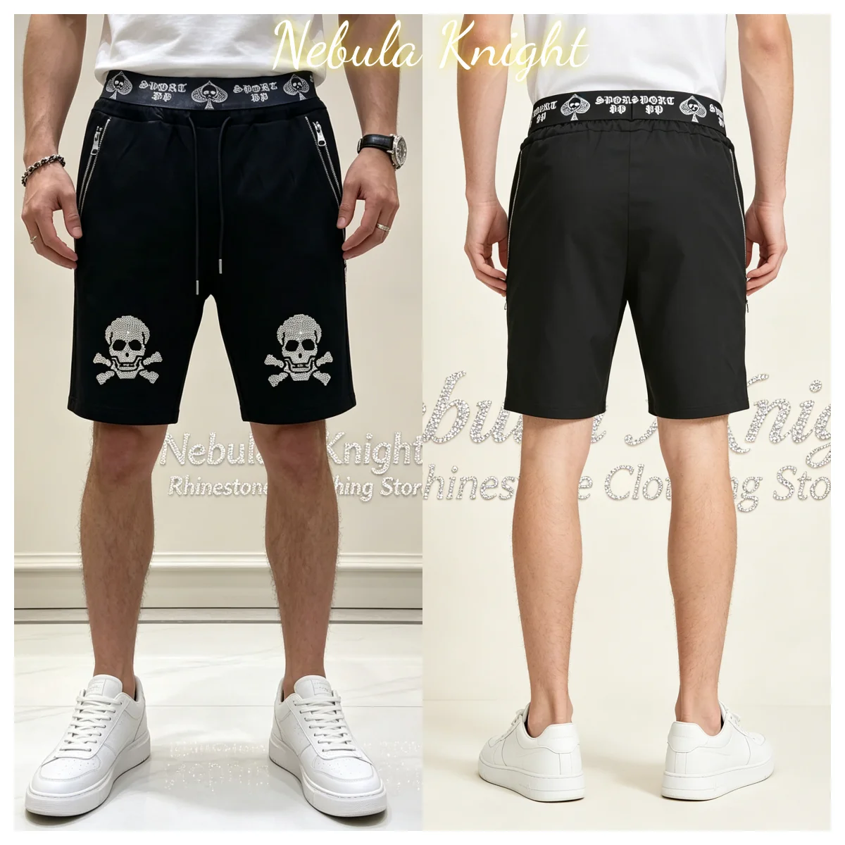 Fashion Men Rhinestone Sports Shorts Luxury Brand Design Zipper Pockets Summer Casual Beach Shorts