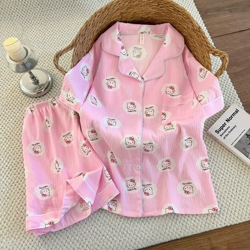 

Sanrio Hello Kitty Cute Pajamas Summer Cotton Nightie Lady Pyjamas Short Sleeve Shorts Sleepwear Kawaii Cartoon Pijama Home Suit