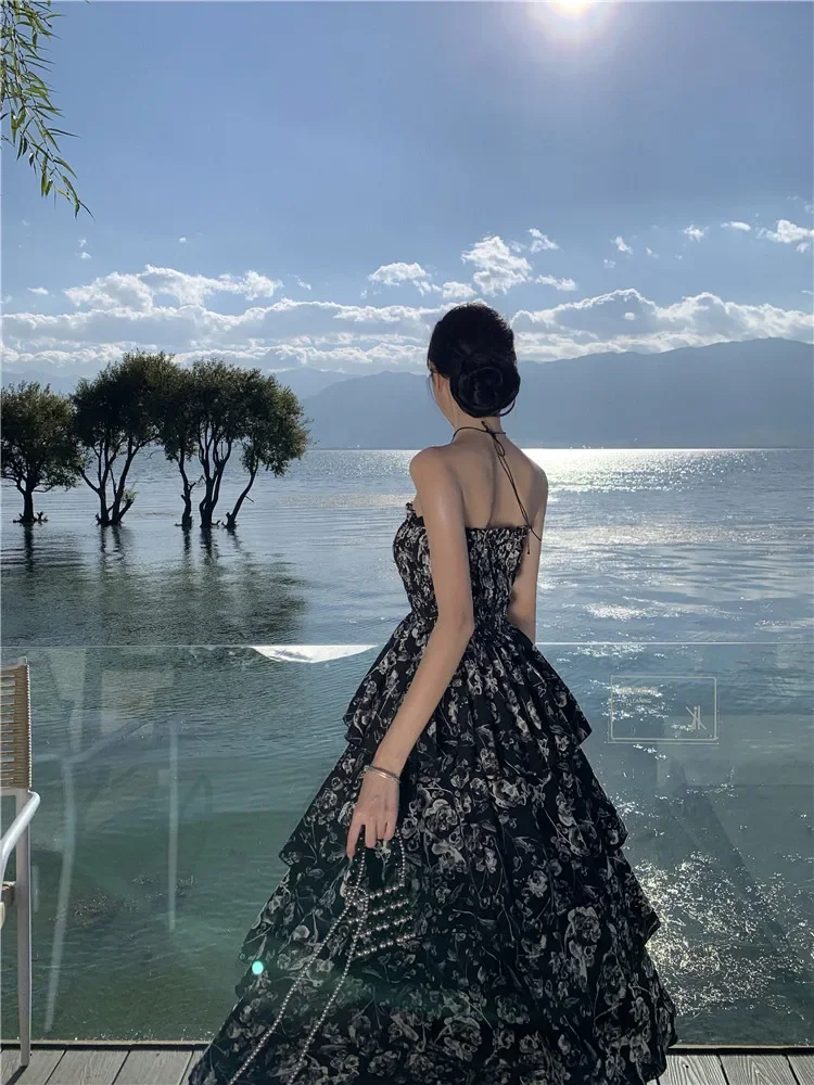 Summer French Black Strapless Holiday Dress Women New Fashion Floral Print Fairy Beach Dress Seaside Vacation Layer Cake Skirt