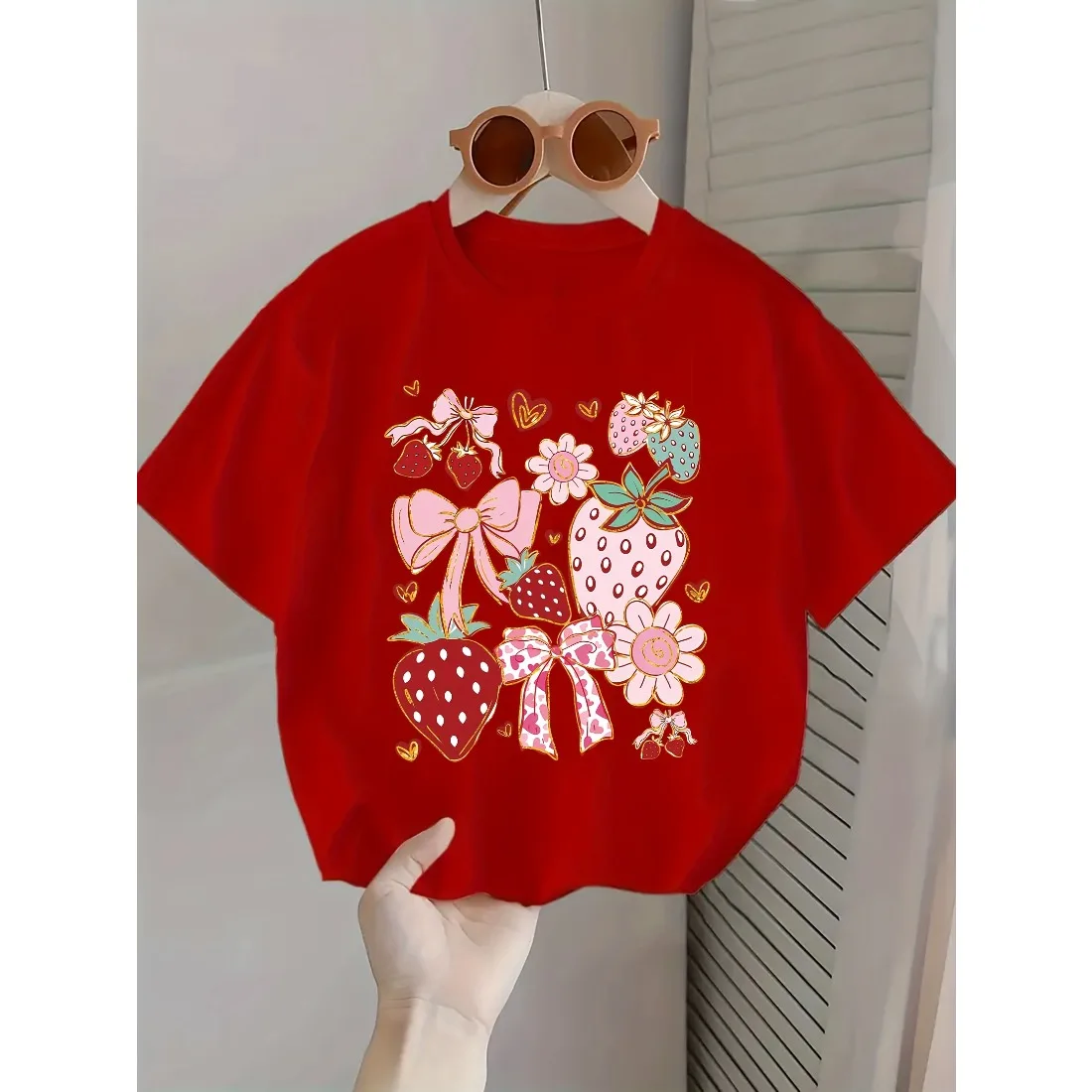 Summer New Children's Round Neck T-shirt Loose Comfortable FashionableVersatile Simple Strawberry Ribbon Pattern Printed Top