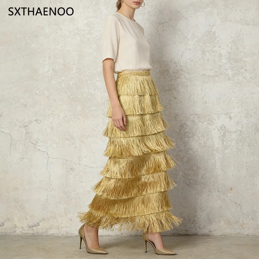 

SXTHAENOO Fashion High Waist Midi Skirt Fringe Layering Unique Design Pure Color A-Line Skirt for Young Women And Teens 2026 New