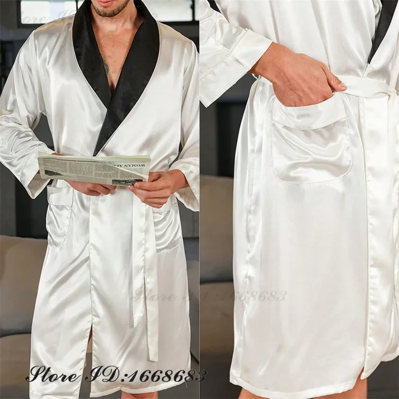 新しい男性ローブポケット春夏男性パジャマ着物バスローブガウンルーズカジュアルシルクサテンホームウェア部屋着ランジェリー