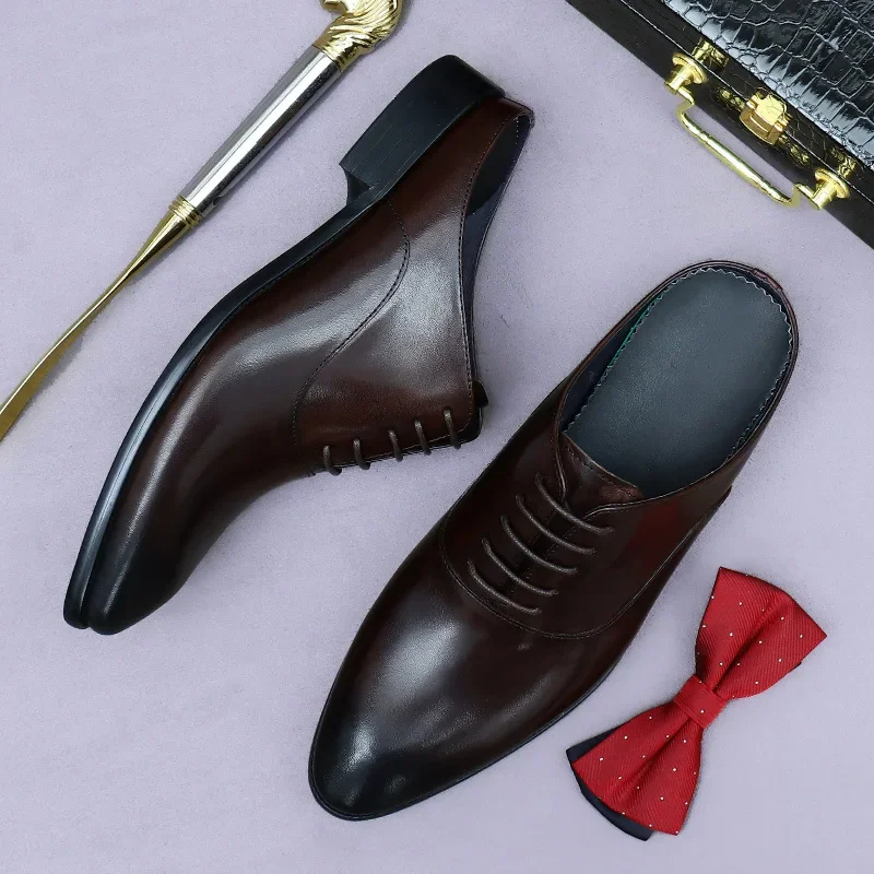 

Business Leather Slippers Lace-Up Genuine Leather Half Slippers Men's Slippers Men's Heelless Cowhide Lazy Casual Leather Shoes