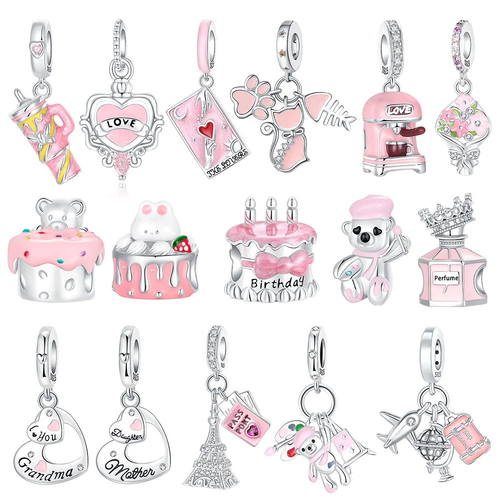 925 Sterling Silver Charm Pink-Themed Cake Bear Coffee Machine Pendant for Women Fit Original Bracelet Necklace DIY Accessories