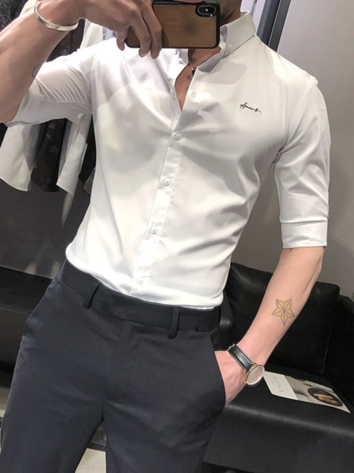 

Мужская футболка Slim Fit, модная корейская, однотонная, летняя, белая