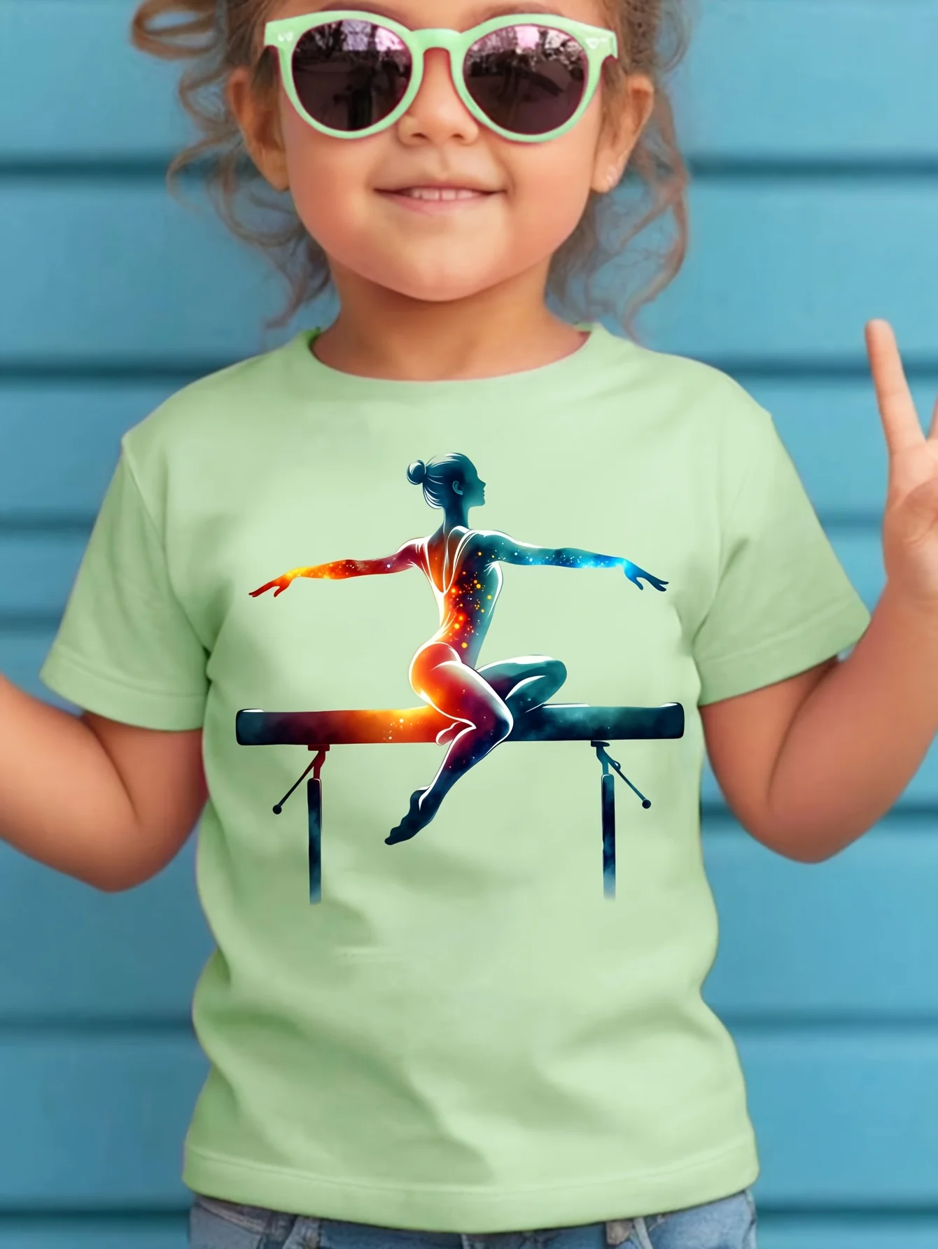 Galaxy Gymnast Balance Beam Print Kids T Shirt Boys Girls Parent Child Short Sleeve Soft Breathable Summer Casual Daily Outfit