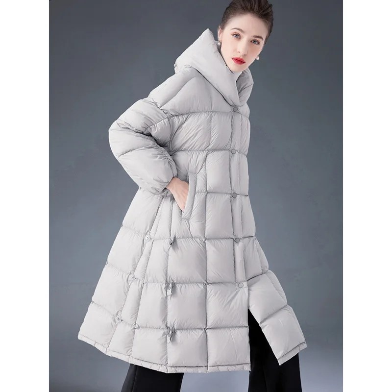 

Luxury High Quality Winter New White Duck Down Women's Long Down Jacket Quilted Hooded Trench Coat Thick Loose A-Line Outerwear
