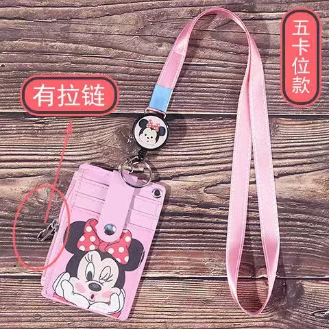 Disney Mickey Minnie hanging neck  card holder card Stitch Cartoon ID card  leather StellaLou case bus card hold Coin Purses