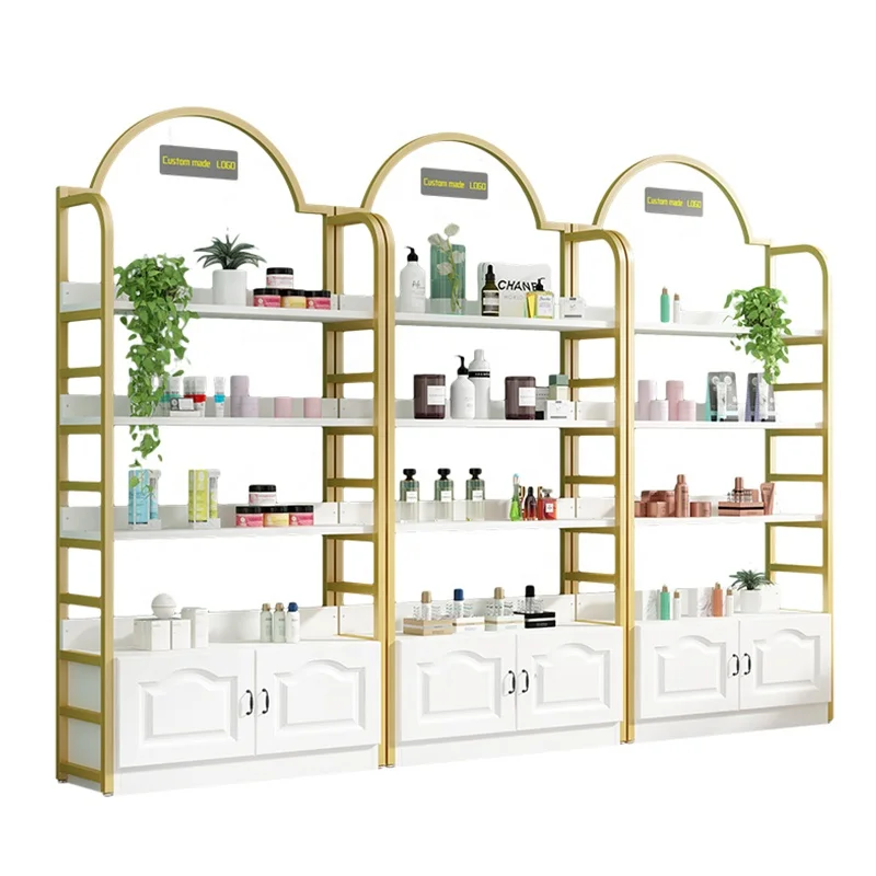 

Customized. Custom Luxury Floor Standing Retail Shiny Make Up Display Rack Cabinet Cosmetics Display Stand Store