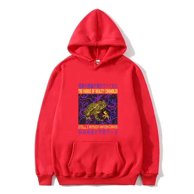 Vintage Japanese Frog Print Hoodie The Fabric of Reality Crumbles Still I Aem Ain Unconcerned Pullover Men Fleece Cotton Hoodies