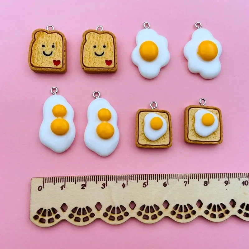 10Pcs Simulation Breakfast Food Resin Charms Toast Bread & Egg Pendants DIY Keychain Earring Necklace Craft Supplies