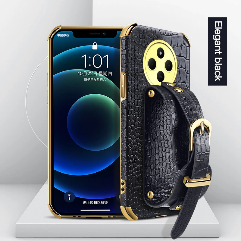 Leather Wrist Strap Phone Case For Poco C71 C51 C55 C61 C65 C75 C50 Holder Stand Wristband Anti-Drop Cover Silicone Cases