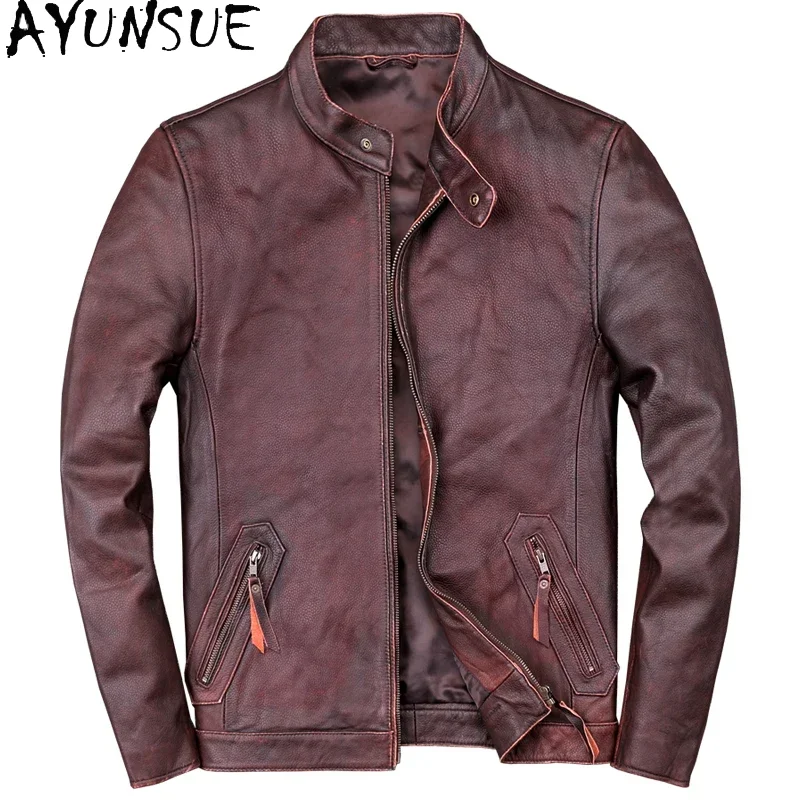 

AYUNSUE Autumn Real Cowhide Leather Jacket Mens Vintage Genuine Leather Jacket Spring Korean Streetwear Casaco Masculino SQQ332
