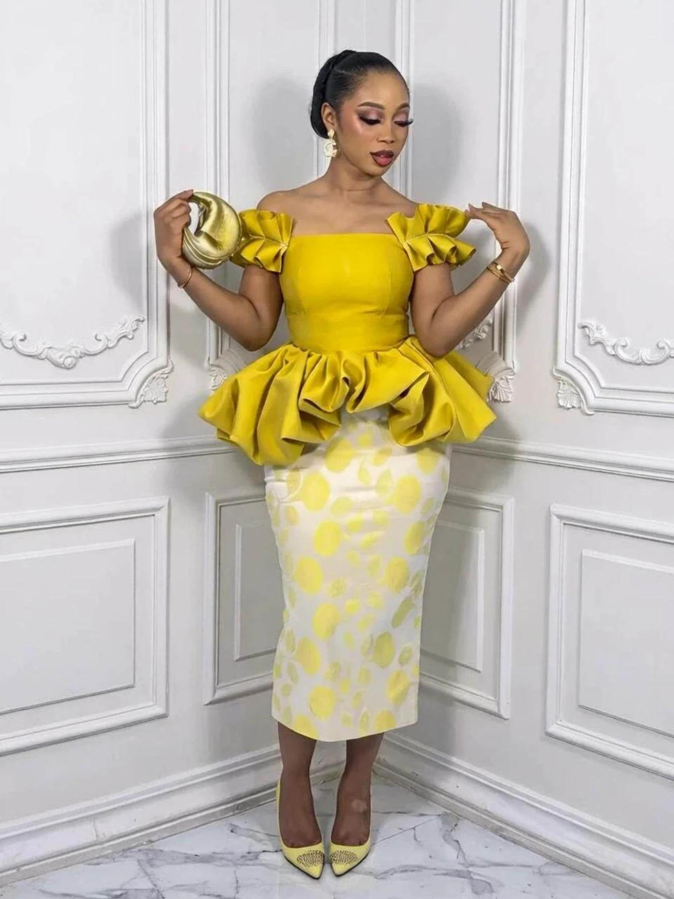 Women Off Shoulder Ruffle Sleeve Polka Dot Midi Dress Peplum Waist Bodycon Pencil Dress For Formal Evening Party Occasion
