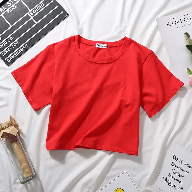 2025 Summer Short Sleeve T Shirts Women Cotton Solid T-shirt  O Neck High Waist Crop Top Tee Female Casual Loose  T Shirt