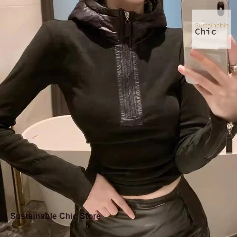 Korean style design sense niche half zipper hooded T-shirt women's autumn and winter fashion slim long sleeve bottoming shirt