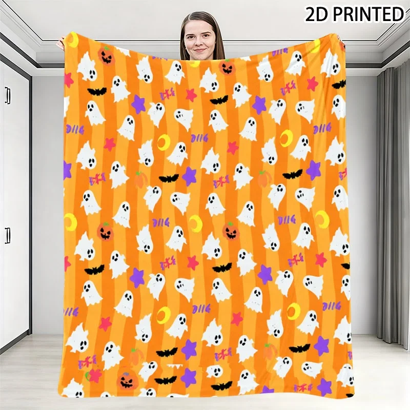 Halloween Throw Blanket, Orange Vertical Stripe Blanket with Spooky Ghost, Bat, Pumpkin & Star Crescent Moon Pattern, Multiple S