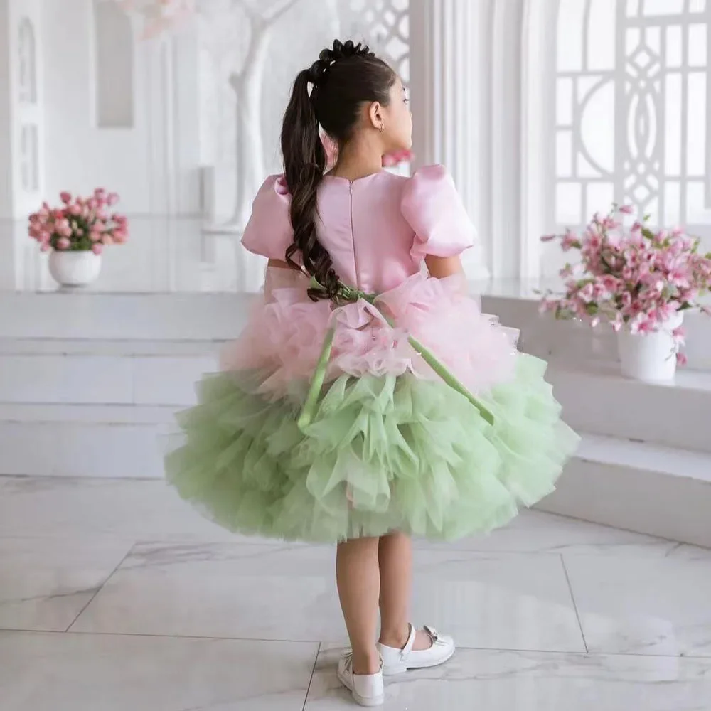 Meisjes baljurk van gelaagde tule met pofmouwen en strikriem Elegant ontwerp voor formele evenementen Bruiloften Bloemenmeisje Avond Verjaardag P