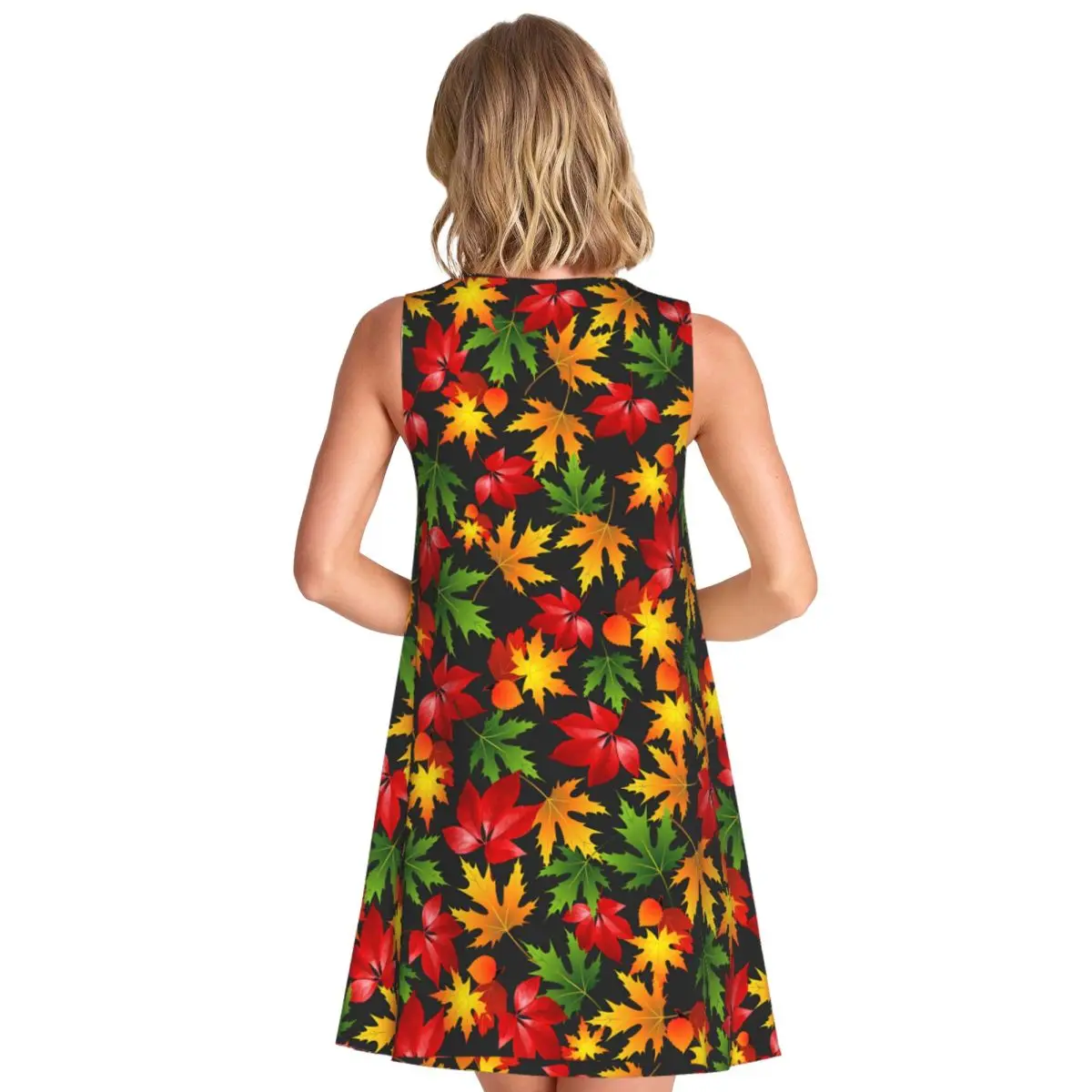 Maple Leaf Casual Dress Colorful Print Sleeveless Cute Dresses Womens Round Neck Aesthetic Dress Day Printed Clothes Gift Idea