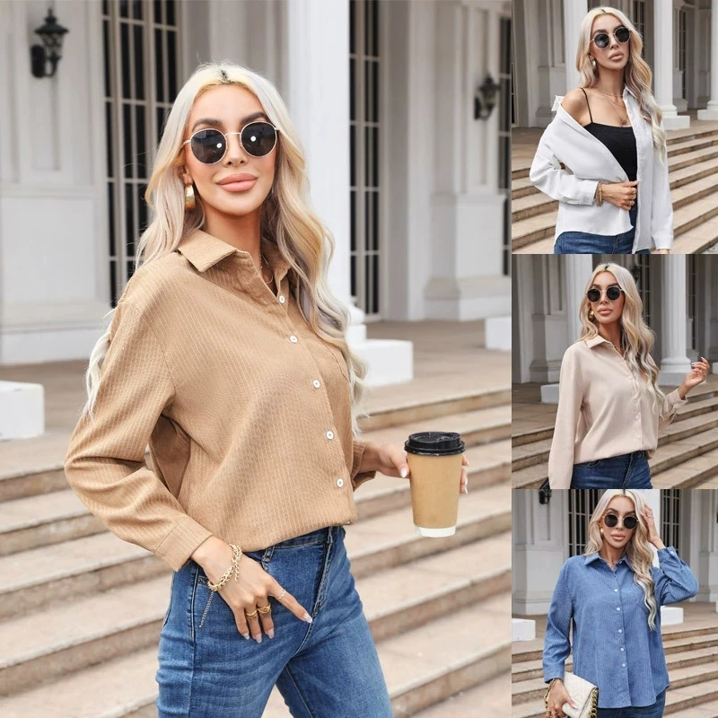 

Autumn Winter Casual Corduroy Blouse for Women Solid Long Sleeve Button-Up Shirts Female Vintage Classic Turndown Collar Outwear