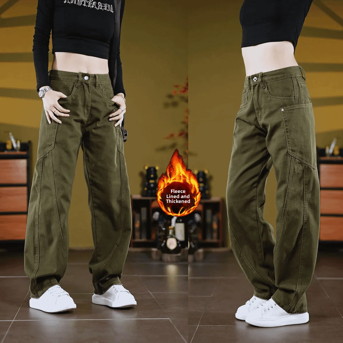 

Loose Straight Leg Men's Jeans een Cotton Workwear Trousers with Big kets Faionable Autumn Winter Casual Pants