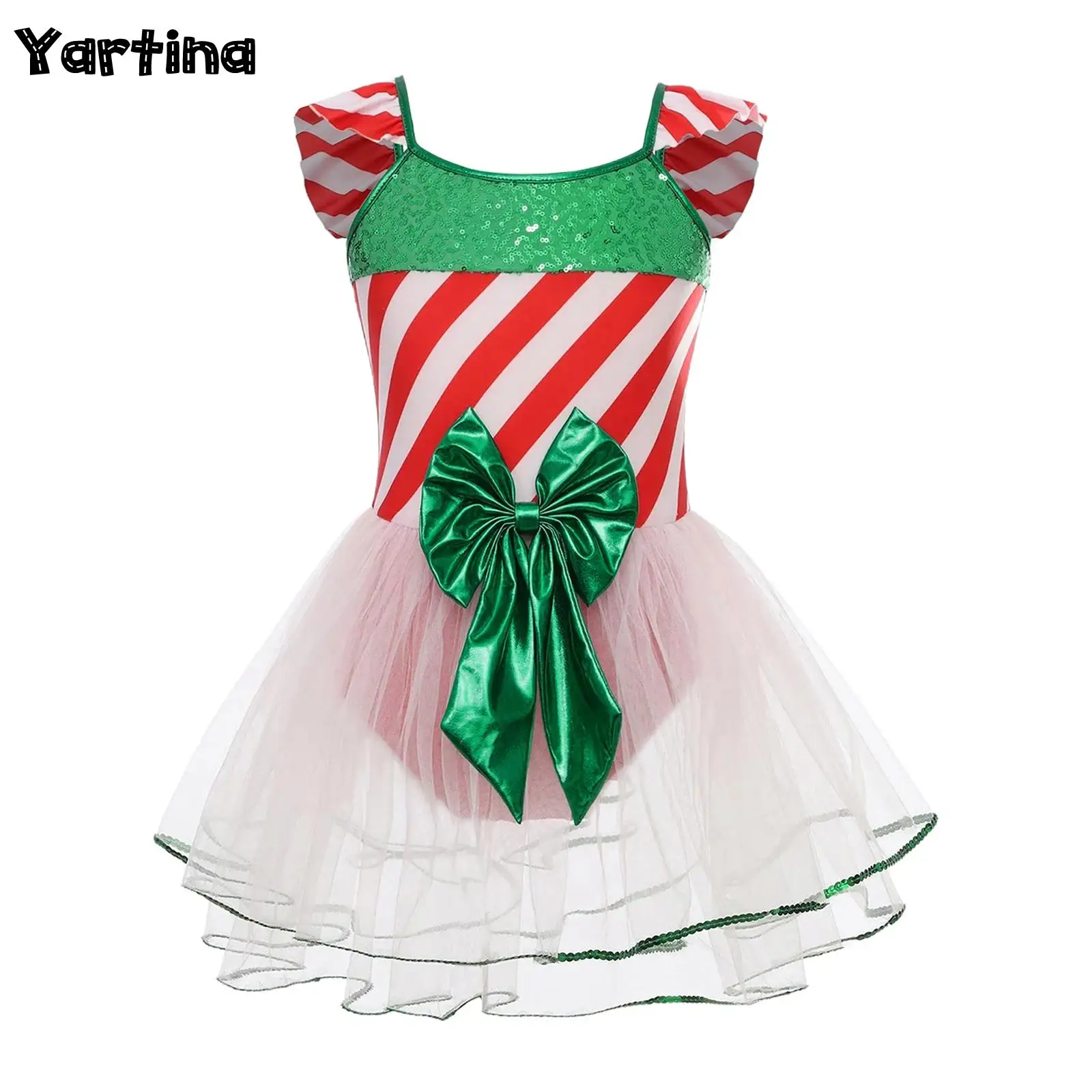 

Girls Christmas Xmas Santa Elf Fairy Candy Cosplay Costume Sequins Stripes Bow Knot Ballerina Fairy Ballet Leotards Tutu Dress