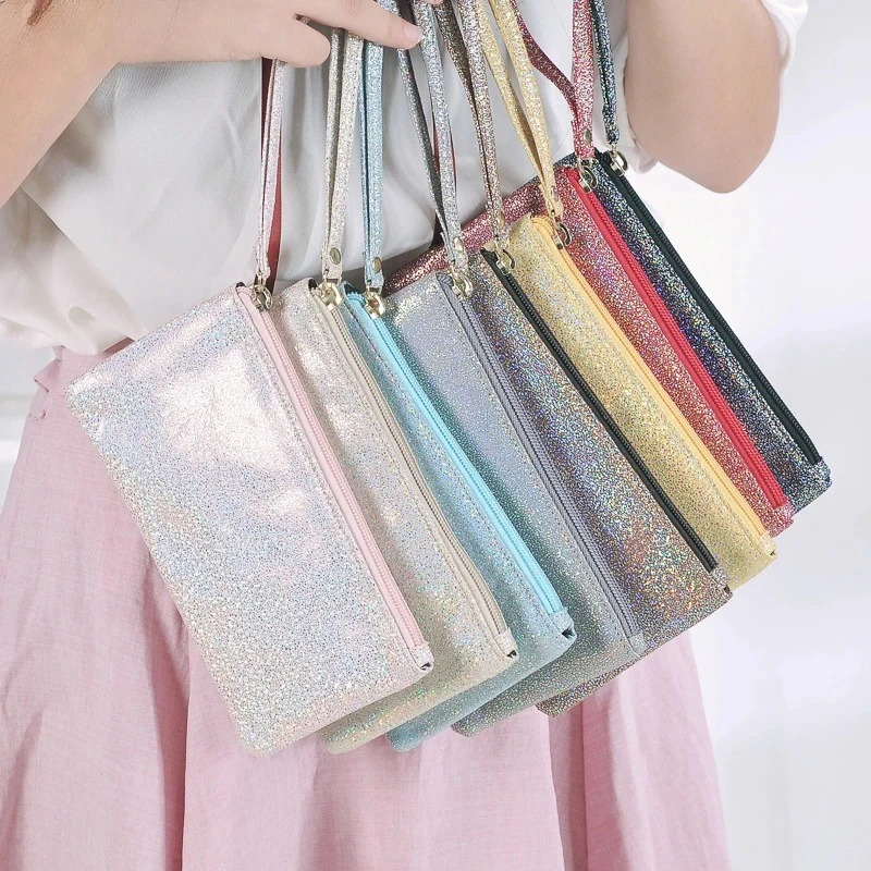 Simple Women Wallets Sequins PU Leather Zipper Clutch Coin Purse Phone Bag Portable Key Card Cosmetics Storage Handbag Bags