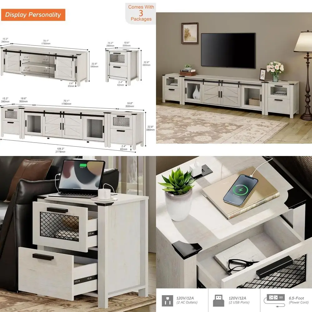 

85 TV Stand with Charging Station, Sliding Barn Door Media Table, Antique White Entertainment Center for Living Room or Bedroom