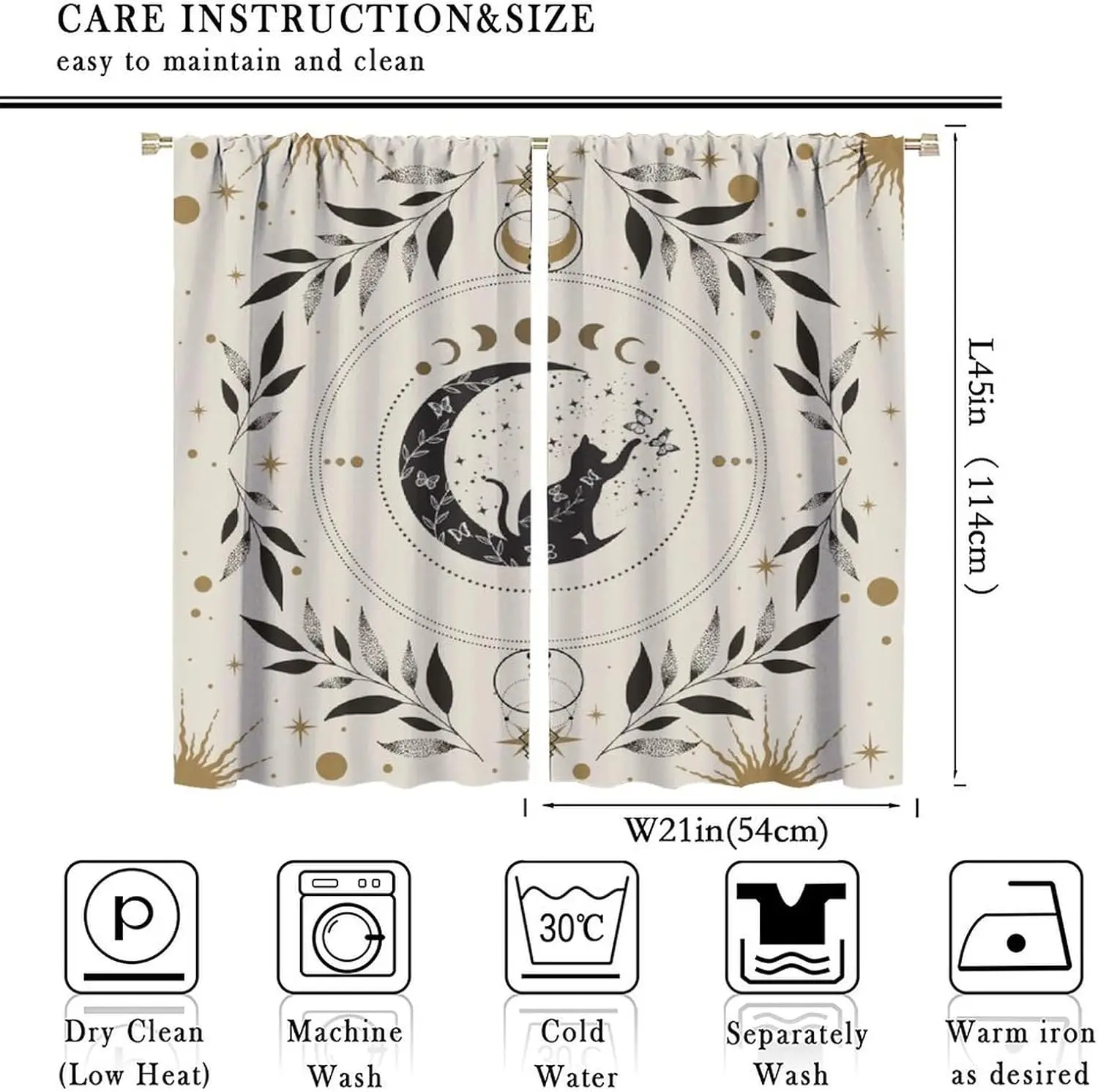 Boho Moon Phase Curtains, Beige Golden Black Abstract Star Cat Leaves and Mystic Symble, Thermal Insulation Blackout Rod Pocket