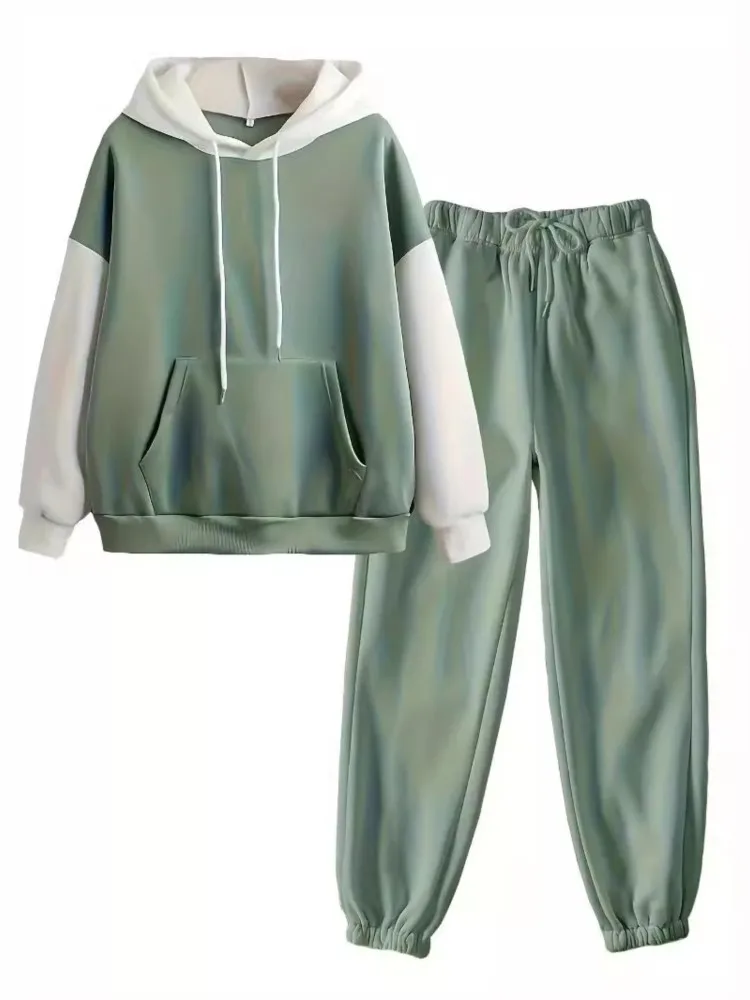 Mujer Otoño Invierno nuevo traje con capucha de bloqueo de Color sudadera bolsillo moda elegante Casual vacaciones trajes de dos piezas Mujer