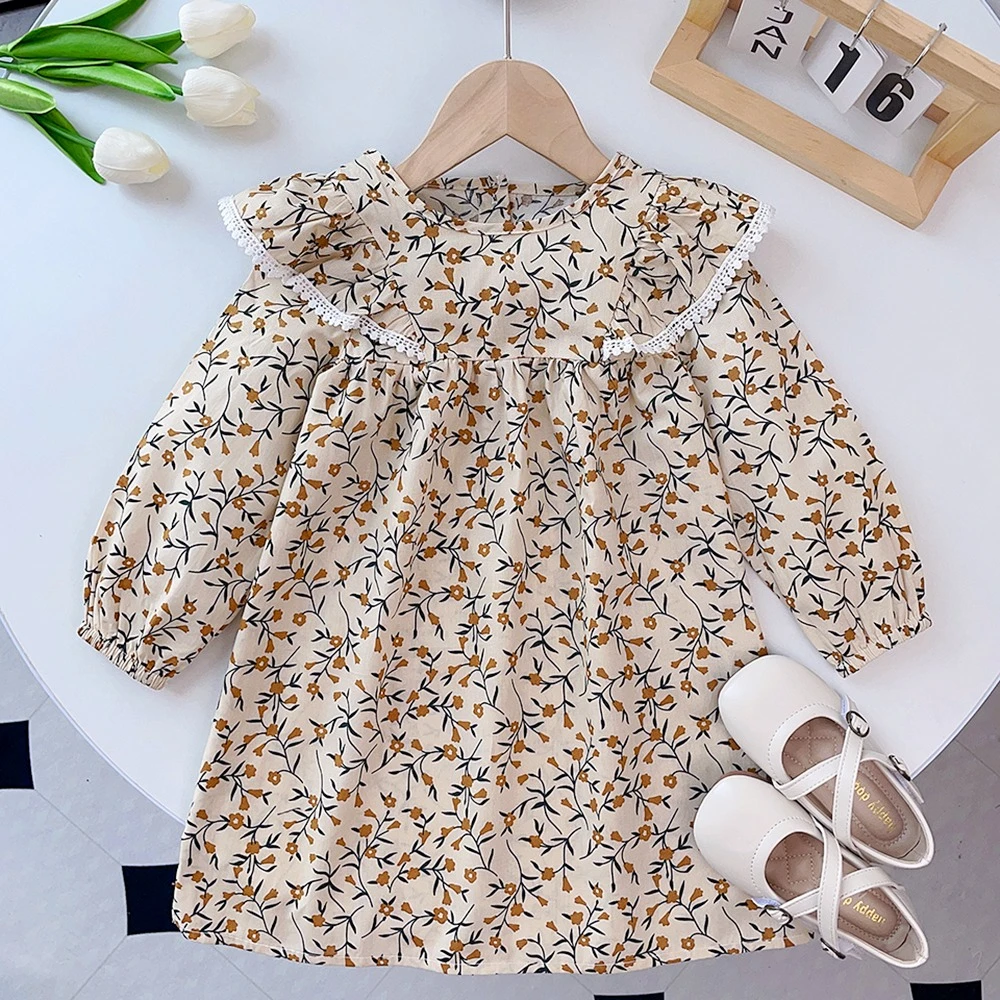 Autumn Promotion: Casual Countryside Style Lapel Long Sleeved Floral Print Dress for Daily Wear