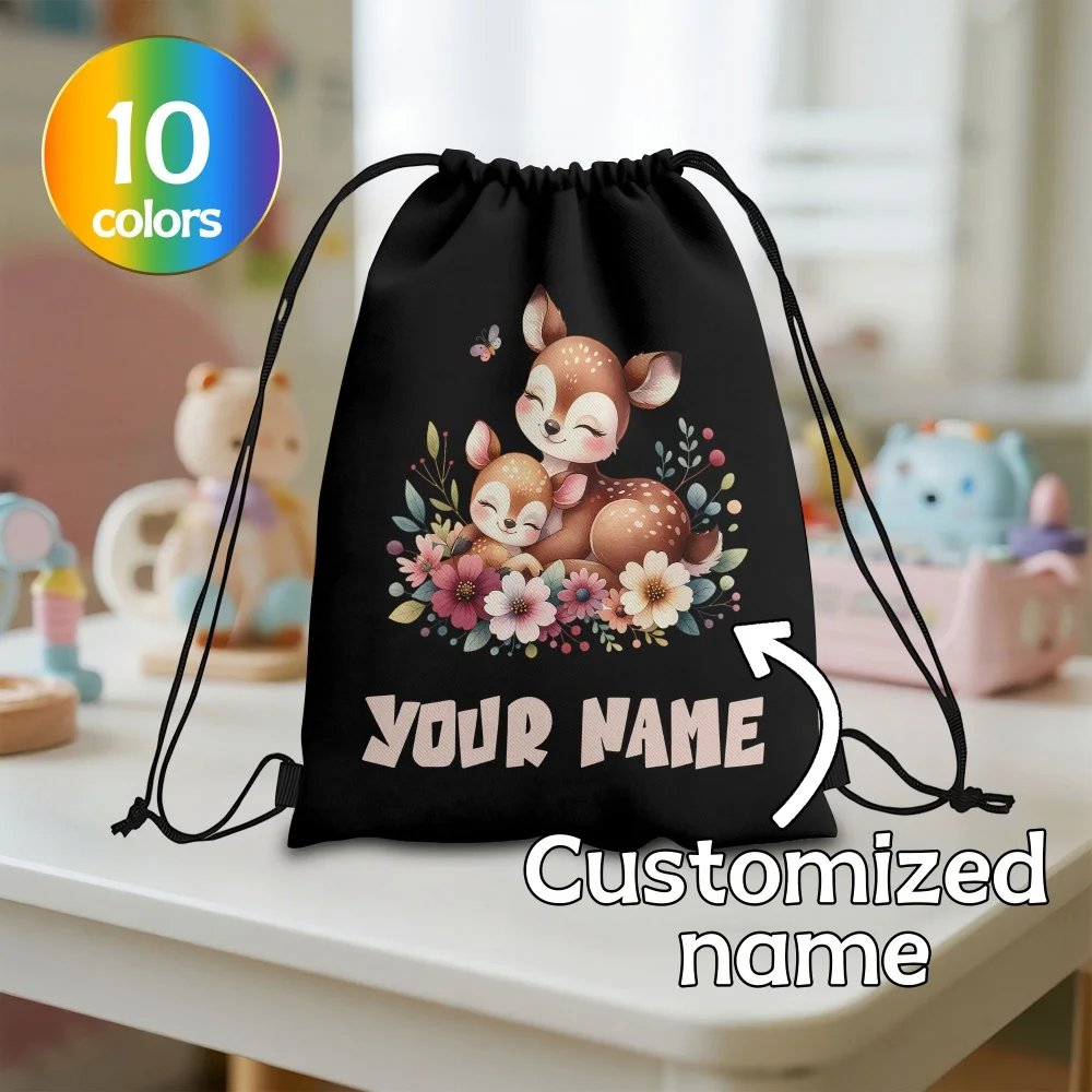 1Pc Personalized Custom Name/Text Drawstring Bag, Cute Little Deer Storage Pouch, Lightweight Travel Bags Gym Backpack