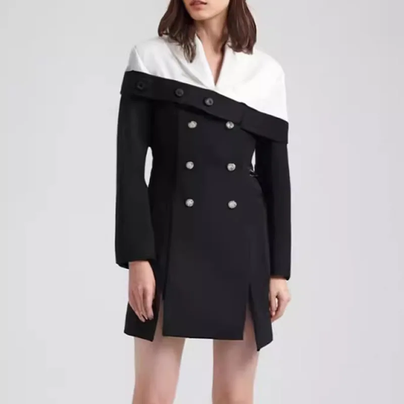 

Women Turn-down Collar Long sleeve Dress Patchwork Lady's Dress