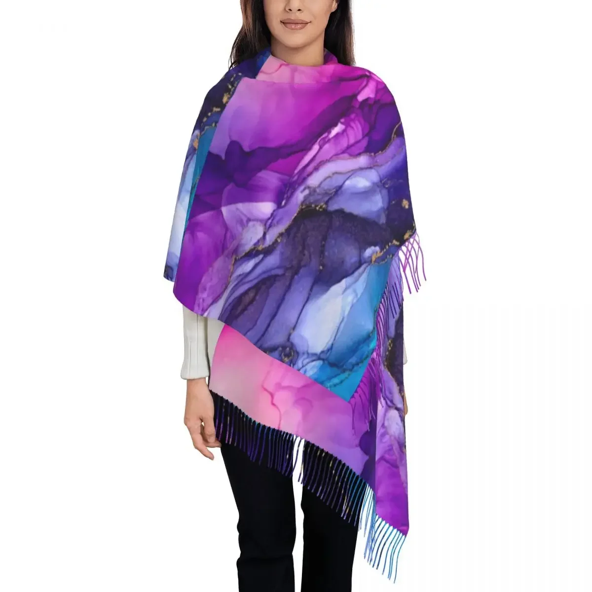 Rainbow Ombre Scarf Womens Abstract Vibrant Headwear Scarves with Tassel Winter Fashion Shawl Wraps Warm Soft Design Bandana